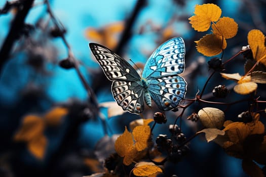 Butterfly on the colorful flowers and plants. Calm nature scene with dreamy colors. Generated AI