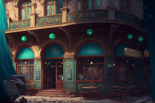Surrealistic cafe in dreamlike fairytale art nouveau style. Surreal caffeteria in vintage style. Generated AI