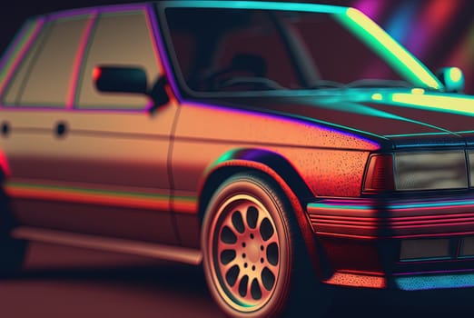 Retro car closeup view. 80s styled automobile in neon lights. Generated AI