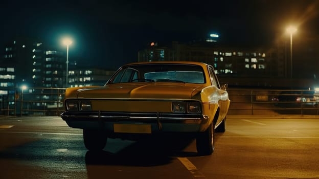 Vintage muscle car parked on the street at night. 80s styled synthwave retro scene with powerful drive in evening. Generated AI