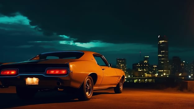 Vintage muscle car parked on the street at night. 80s styled synthwave retro scene with powerful drive in evening. Generated AI