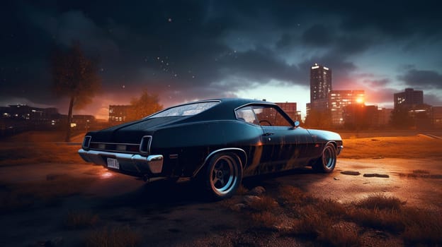 Vintage muscle car parked on the street at night. 80s styled synthwave retro scene with powerful drive in evening. Generated AI
