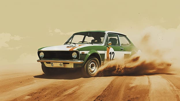 Vintage rally car splashing the dirt in retro 70s styled scene. Generated AI