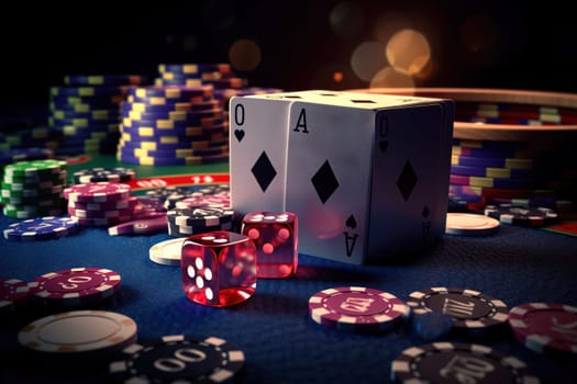 Casino concept with abstract gambling objects. Dark casino room with roulette, cards and dices. Generative AI