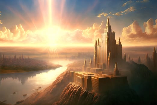 Fantasy city floating in the sky, surrounded by mountains and a river. Ancient castle in morning sun rays. Generated AI