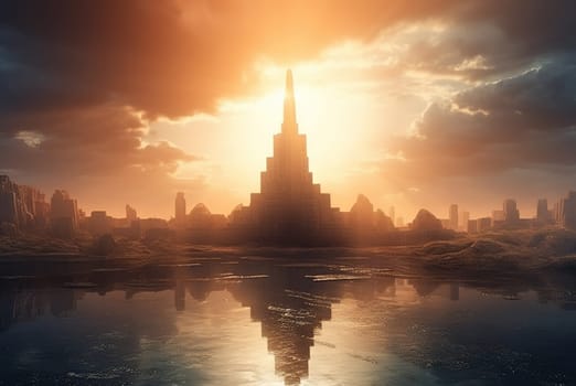 Fantasy city surrounded by river on the sunny landscape. Ancient castle in morning sun rays. Generated AI