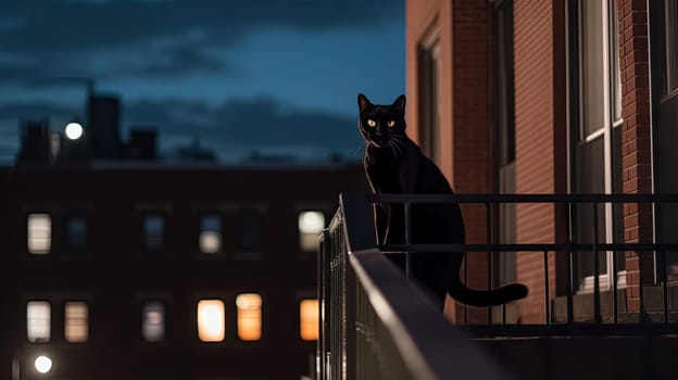 Black cat sitting on a railing at night, in the style of life in New York city. Generated AI