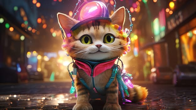 Party cat in neon colors. Funny kitten with holographic hat in 90s style neon lights. Generated AI