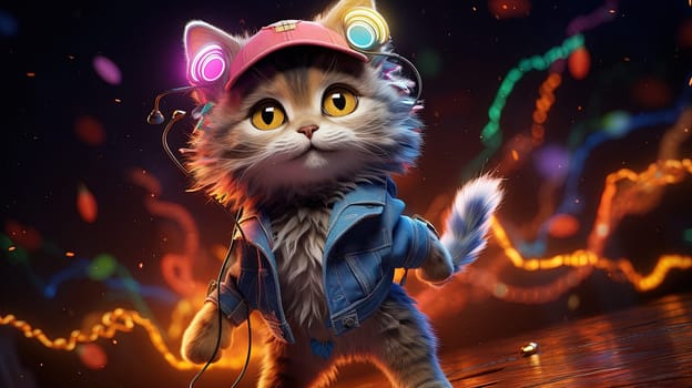 Party cat in neon colors. Funny kitten with holographic hat in 90s style neon lights. Generated AI