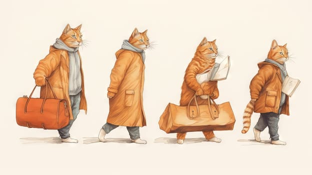 Cute cats family travelling with luggage. Watercolor styled kittens with suitcases. Generated AI