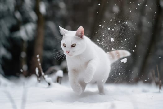 Cat playing in the snow in winter season. Cute kitten having fun with white snow. Generated AI