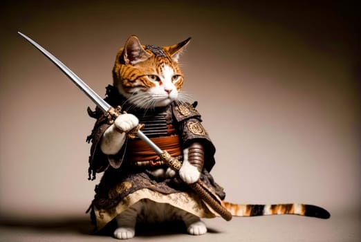 Cat samurai in traditional armor with katana. Japanese styled illustration with kitten warrior in kimono. Generated AI