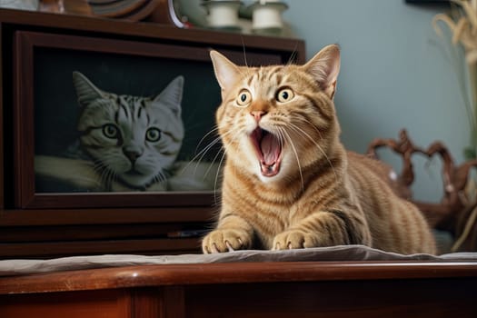Funny surprised cat with open mouth. A cute kitten shocked. Generated AI