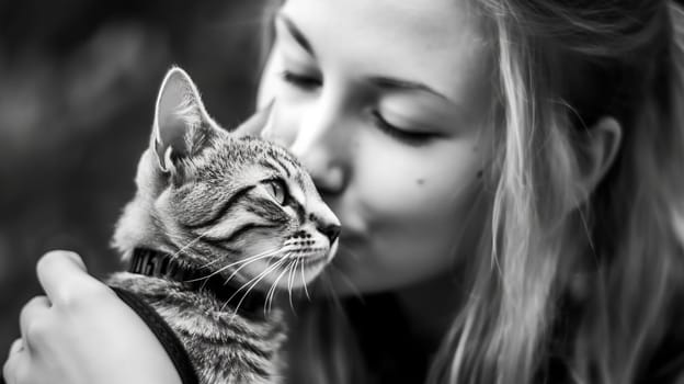 Tender cat cuddling. Cute delicate kitten. Generated AI