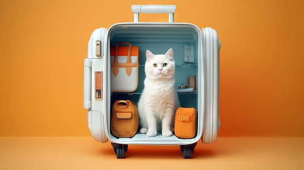 Cute white cat sitting in the suitcase. Sweet fluffy kitten is ready to travel. Generated AI
