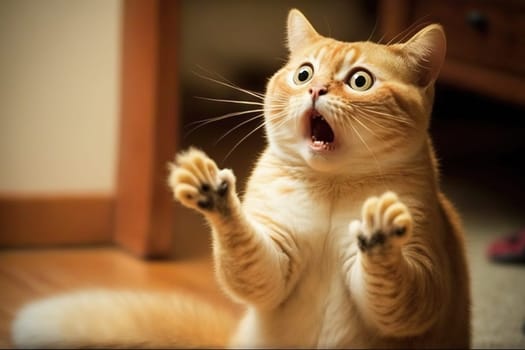Funny surprised cat with a questioning pose. A cute kitten asks in surprise where the treats are. Generated AI