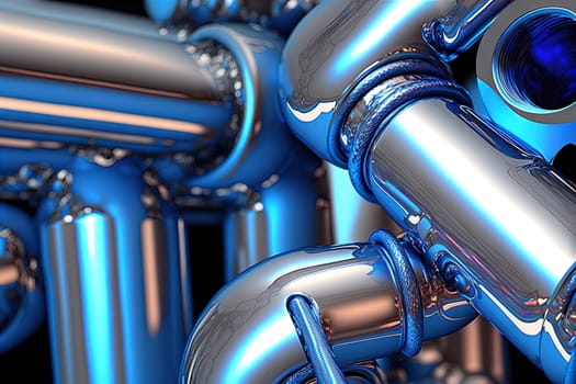 Abstract chrome pipes composition. Industry themed background with shiny metallic connected pipes. Generated AI