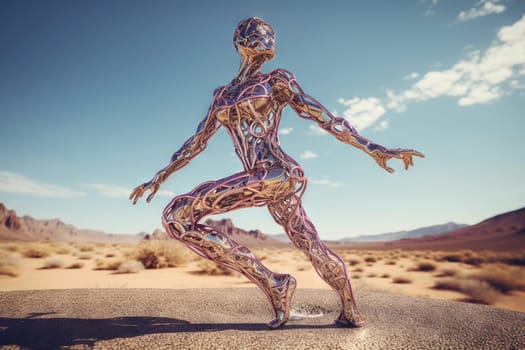 Crome robot woman dancing in the desert. Artificial intelligence rise and shiny. Mechanical beauty. Generated AI