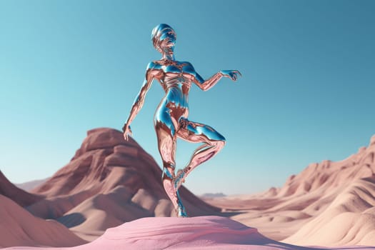 Crome robot woman dancing in the desert. Artificial intelligence rise and shiny. Mechanical beauty. Generated AI