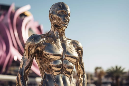 Crome robot woman portrait in the city. Artificial intelligence rise and shiny. Mechanical beauty. Generated AI