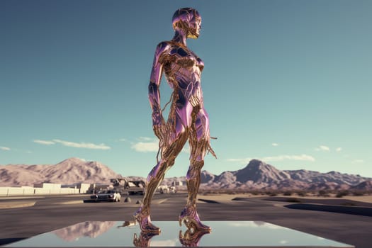 Crome robot woman standing in the desert. Artificial intelligence rise and shiny. Mechanical beauty. Generated AI