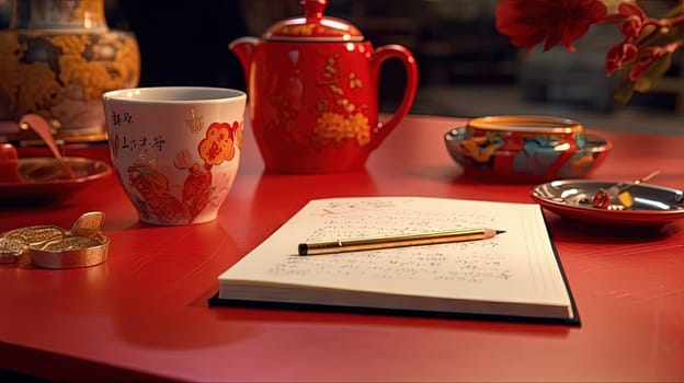 Cup of coffee and notepad with pen composition, top view. Generated AI
