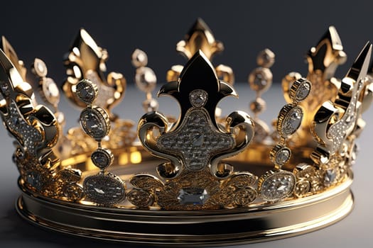 Beautuful shiny crown with medieval ornament and jeewelry. Ancient king or quenn crown. Generated AI