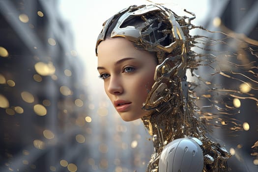 Cyborg or digitally improved human. Artificial intelligence and technology concept with advanced woman. Generated AI