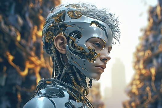 Cyborg or digitally improved human. Artificial intelligence and technology concept with advanced man. Generated AI