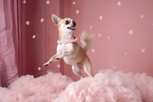 Cute chihuahua puppy jumping in the pink room. Tiny dog soaring in light veil and tulle. Generated AI