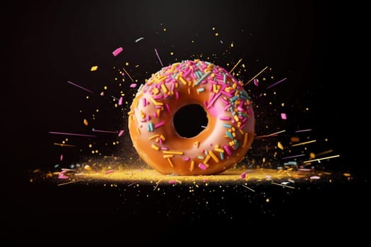 Donut expressive shot with topping and sugar powder splash. Tasty donut food styling image. Generative AI