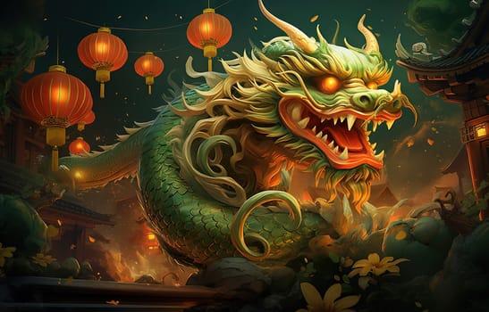Green dragon in traditional style, mysterious monster from farytales and symbol of 2024 lunar year in Chinese calendar. Generated AI