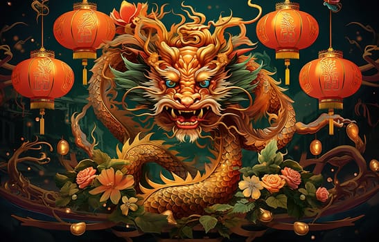 Green dragon in traditional style, mysterious monster from farytales and symbol of 2024 lunar year in Chinese calendar. Generated AI