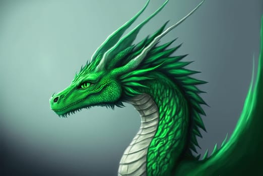 Green dragon portrait, mysterious monster from farytales and symbol of 2024 lunar year in Chinese calendar. Generated AI