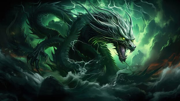 Green dragon, mysterious monster from farytales and symbol of 2024 lunar year in Chinese calendar. Generated AI