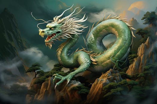 Green dragon, mysterious monster from farytales and symbol of 2024 lunar year in Chinese calendar. Generated AI