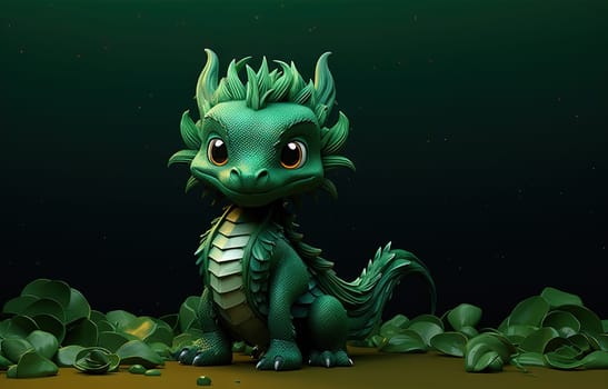 Young green dragon, mysterious creature from farytales and symbol of 2024 lunar year in Chinese calendar. Generated AI