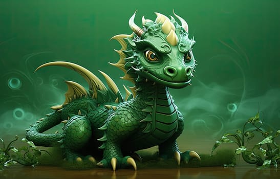 Young green dragon, mysterious creature from farytales and symbol of 2024 lunar year in Chinese calendar. Generated AI