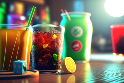 Club cocktails on the table with light. Colorful juicy drinks in glasses. Generated AI
