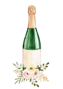watercolor wedding champagne bottle with floral isolated on white background
