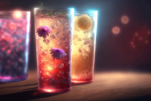 Club cocktails on the table with light. Colorful juicy drinks in glasses. Generated AI