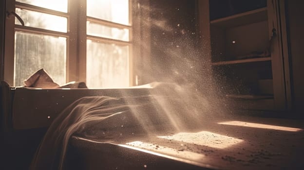 Dusty room with old distressed windows and sun rays. Abandoned grungy interior with lights in the dust. Generated AI