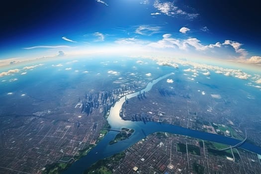 Earth and city space view. Satellite or plane view of the planet. Generated AI