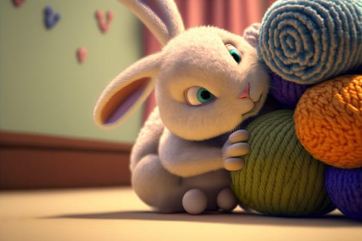 Easter rabbit with colorful holiday eggs. Cute fluffy bunny celebrating spring holiday