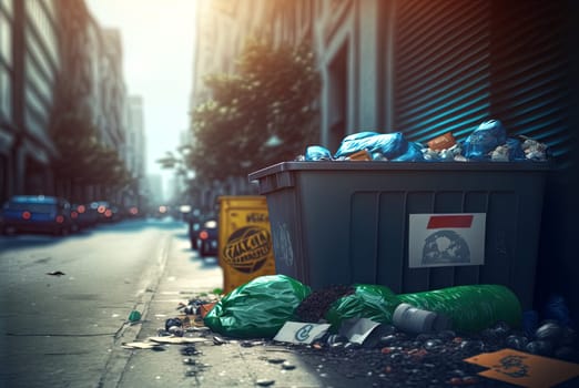 Garbage sorting and ecological problems concept. Colorful trash bin and consumerism waste products. Generated AI