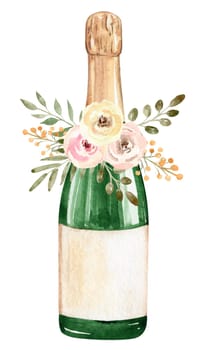 watercolor wedding champagne bottle with floral isolated on white background