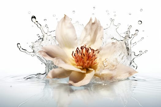 Flower in splashing water. Floral freshness concept with water drops for cosmetic, moisture and self-care packaging. Generated AI