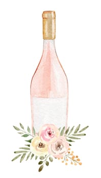 watercolor rose wine bottle with floral isolated on white background