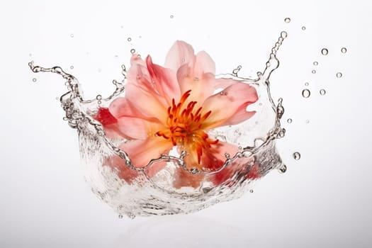 Flower in splashing water. Floral freshness concept with water drops for cosmetic, moisture and self-care packaging. Generated AI
