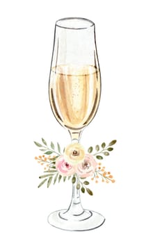 Watercolor champagne glass with flowers isolated on white background